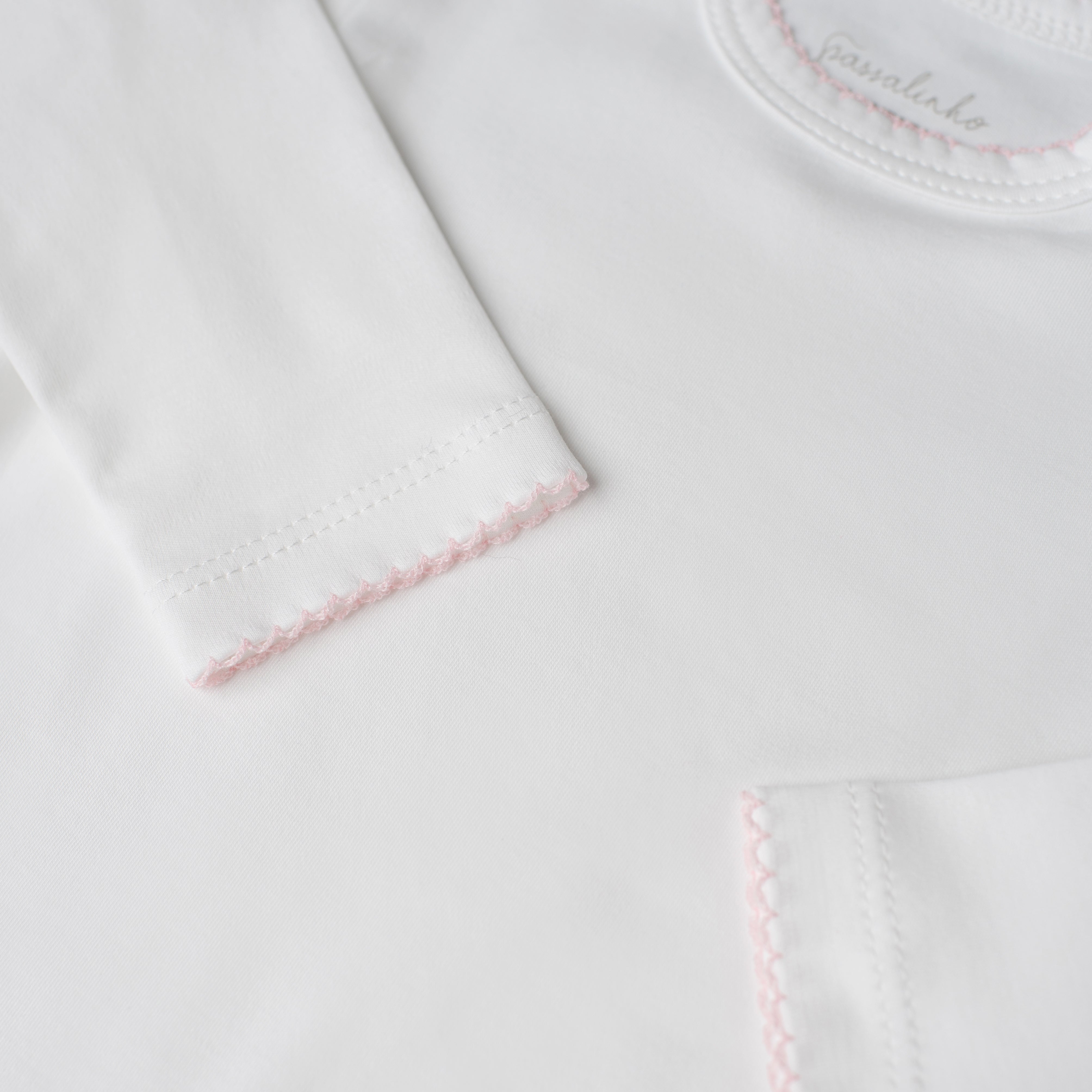 Body Canário Manga Longa Branco Detalhe Rosa