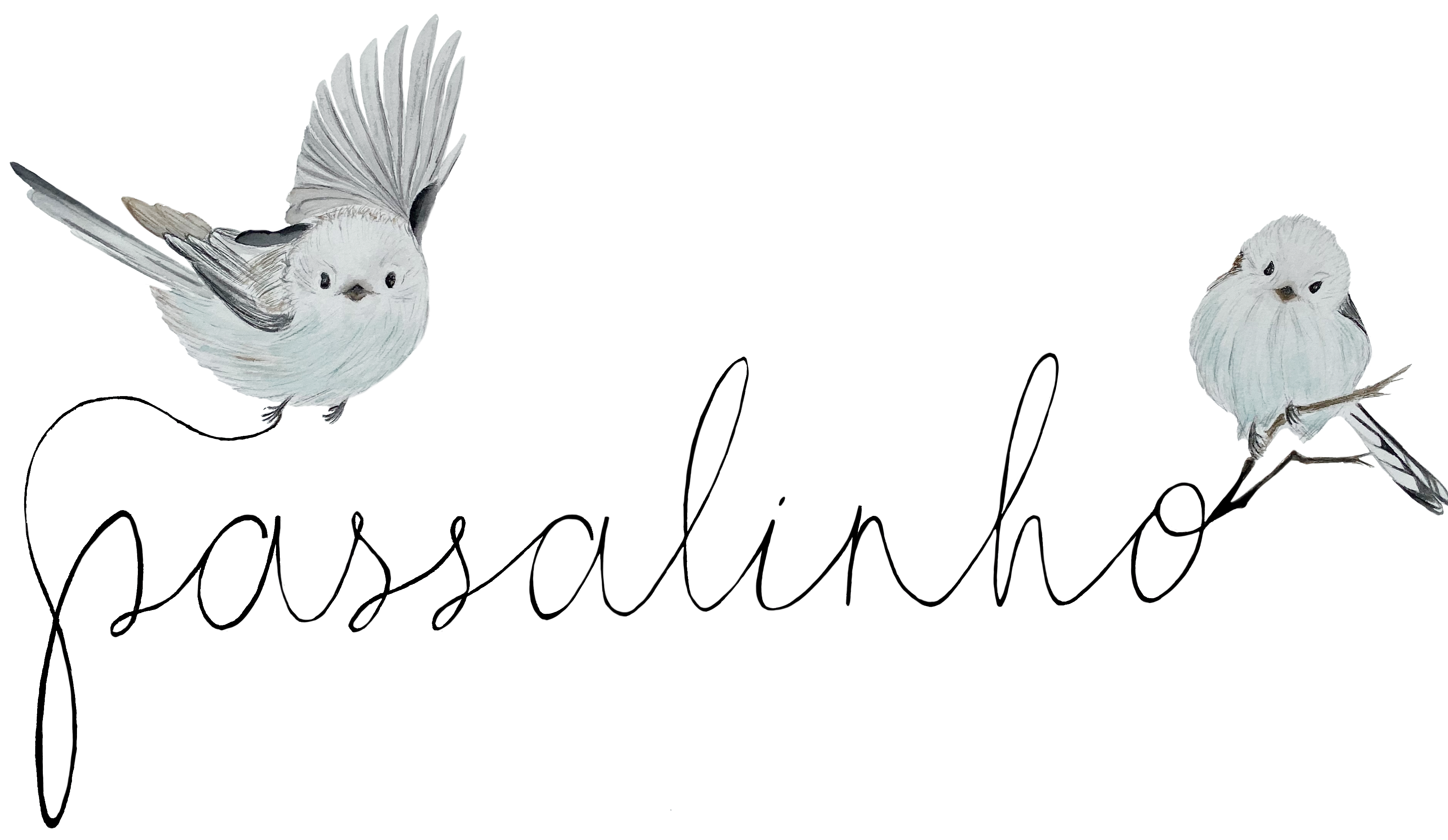 logotipo da marca passalinho, com a palavra passalinho escrita em letra cursiva e dois pássaros aquarelados, um pássaro voando e outro pousado no logo