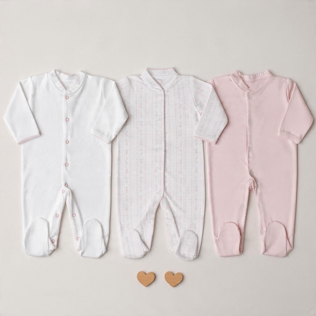 Kit com 3 macacões femininos em algodão pima peruano para bebê passalinho