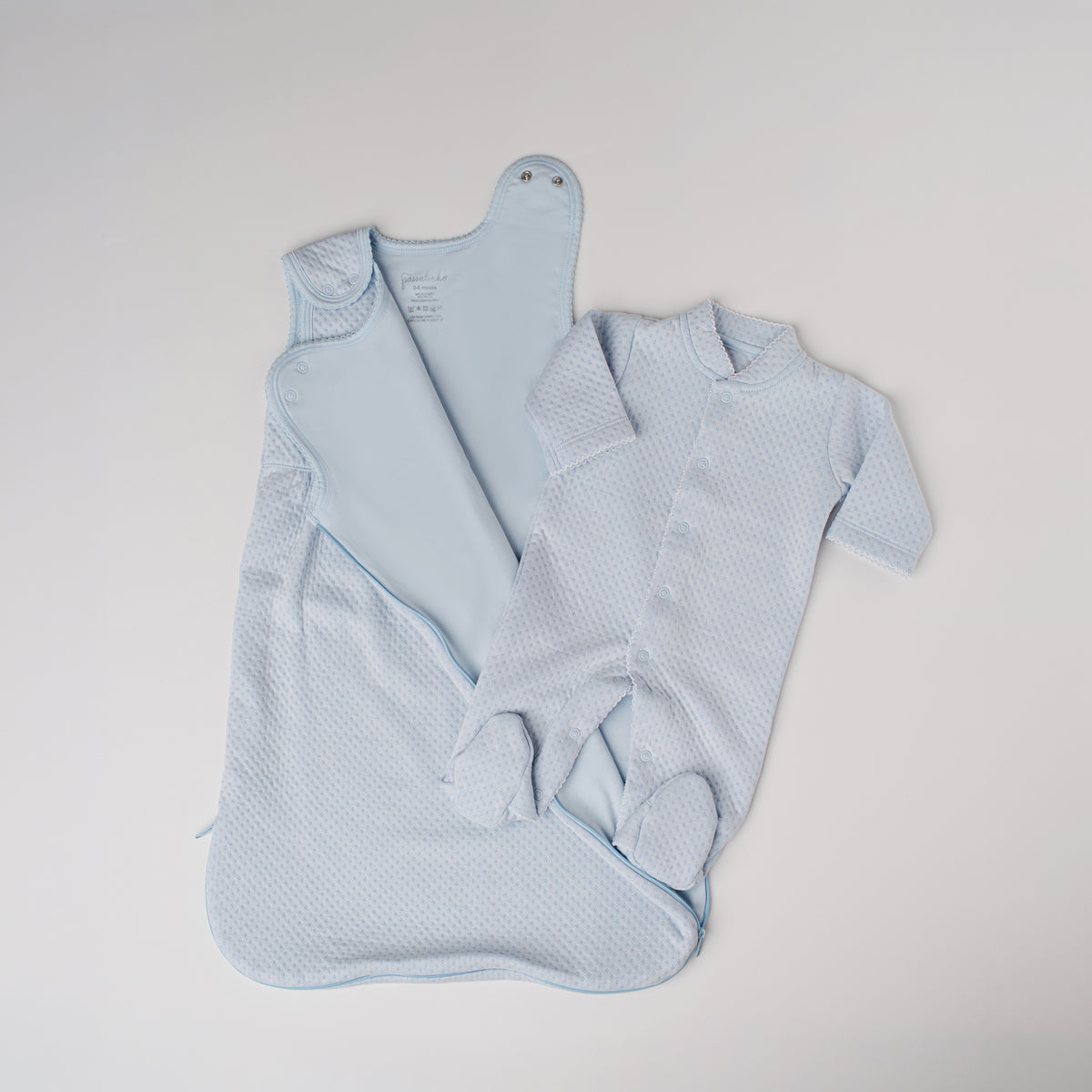 Kit macacão e saco de dormir azul em jacquard de algodão para bebê passalinho – foto 2