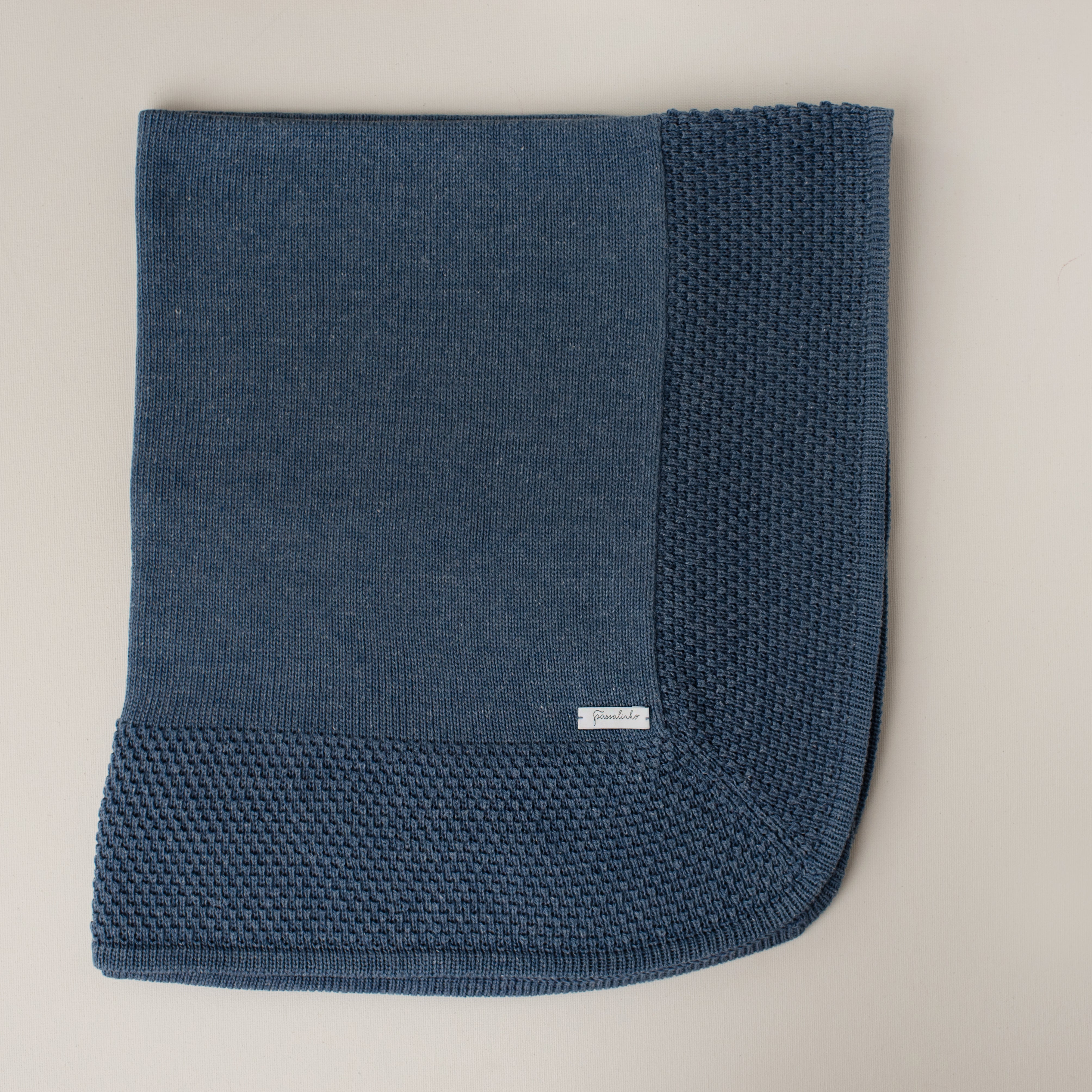 Manta Tricô Ponto Arroz Azul Jeans