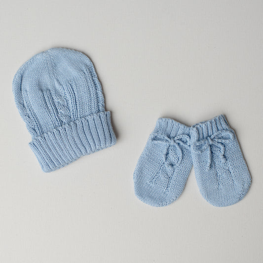 Kit: Gorrinho e Luvinha Tricô Azul Claro